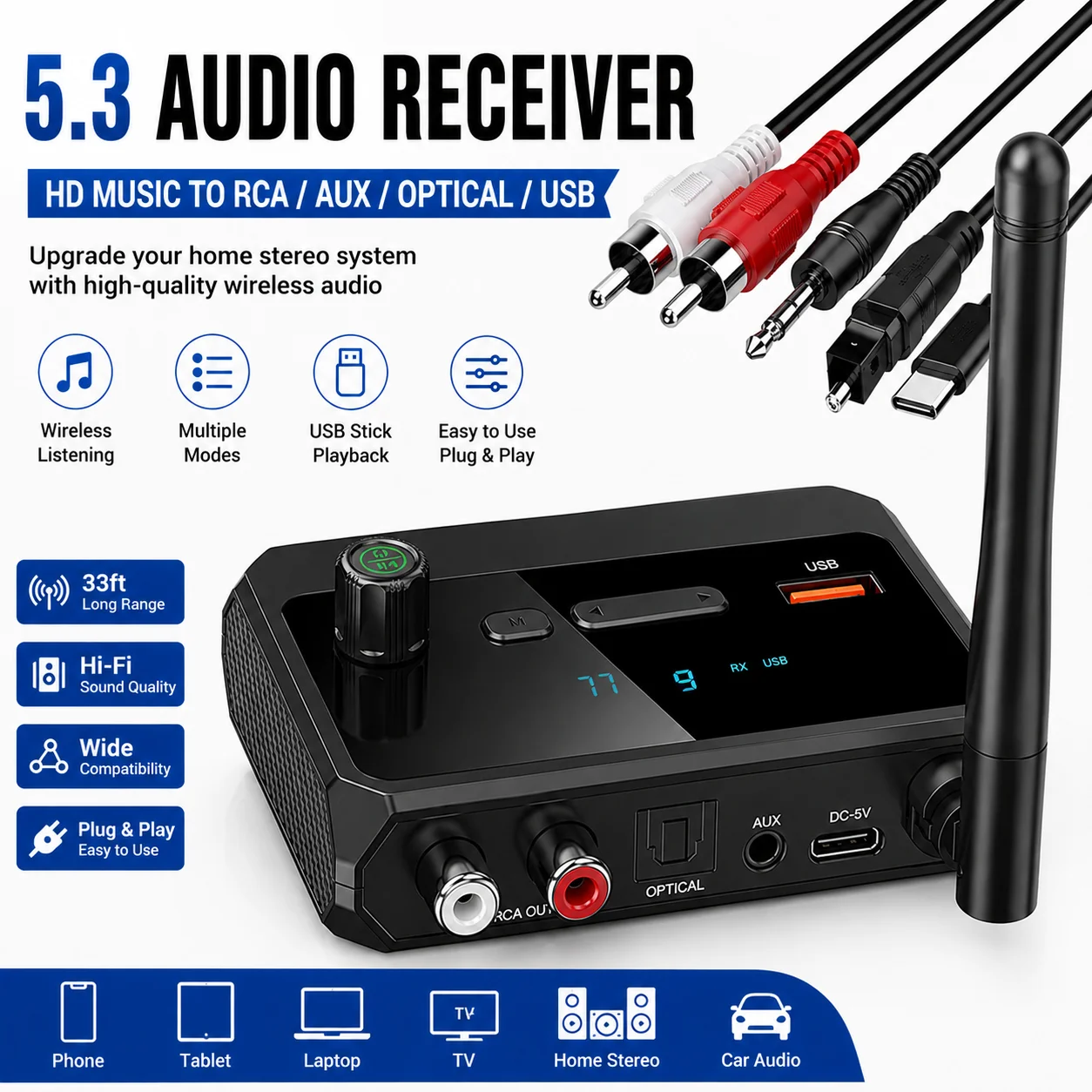 5.3 Audio Receiver HiFi Stereo Adapter for TV Car Audio - Image 1